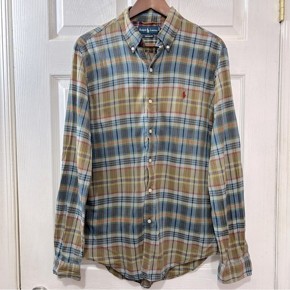POLO Ralph Lauren Men's Button Down Shirt Plaid Tan Blue Custom Fit Size Medium